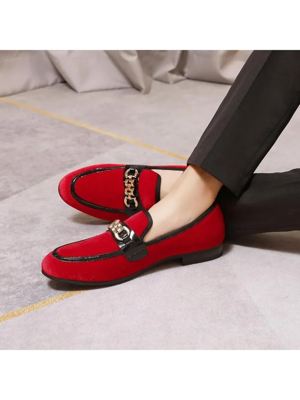 Men's Bright Red Velvet Gold Horse Bit Classic Loafer Slip On Casual Dress Shoes